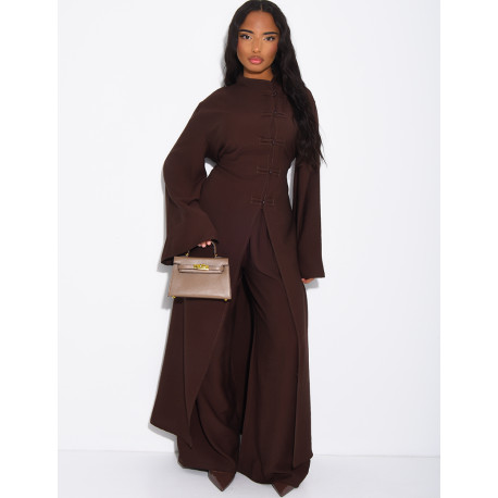 Ensemble effet lin pantalon large et tunique à boutons style asiatique