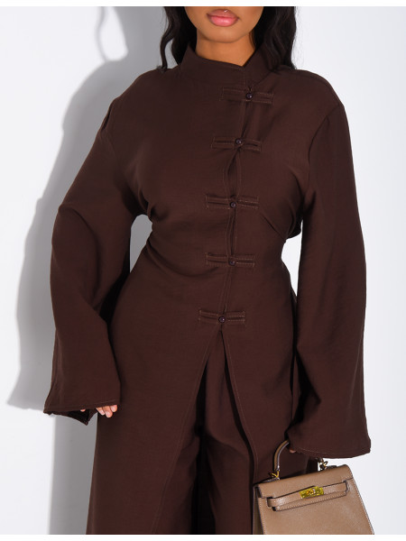 Ensemble effet lin pantalon large et tunique à boutons style asiatique