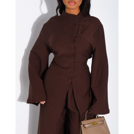 Ensemble effet lin pantalon large et tunique à boutons style asiatique