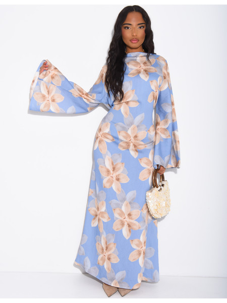 Long linen-effect dress with a floral print and a tie-back detail