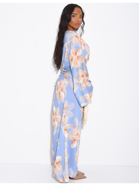 Long linen-effect dress with a floral print and a tie-back detail