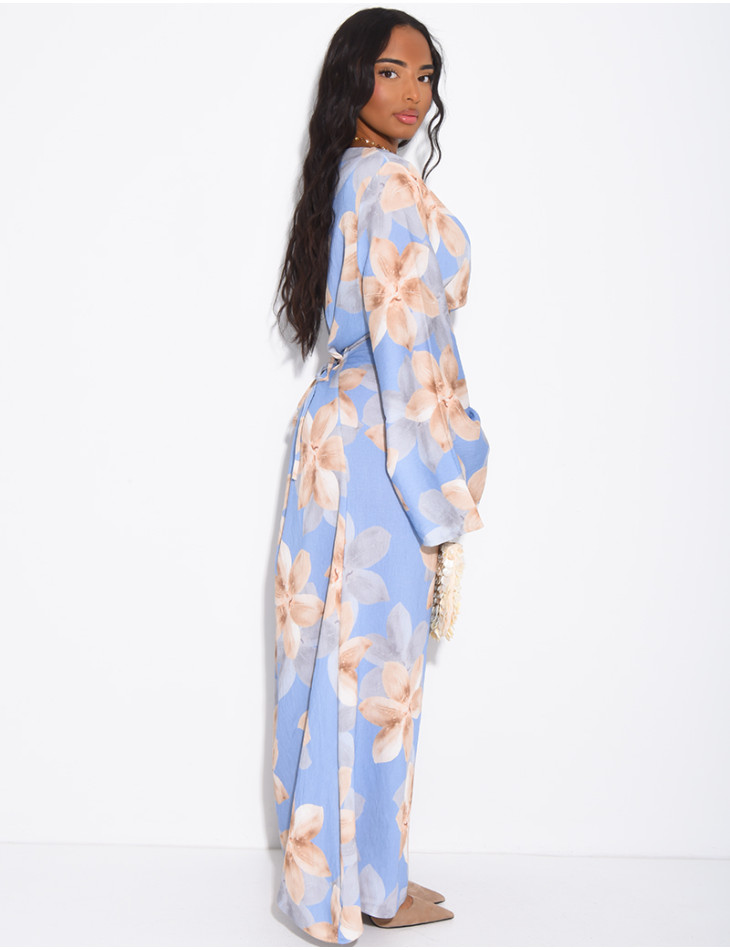 Long linen-effect dress with a floral print and a tie-back detail