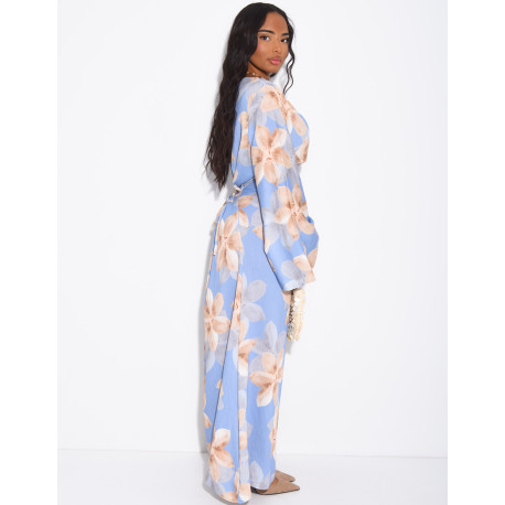 Long linen-effect dress with a floral print and a tie-back detail