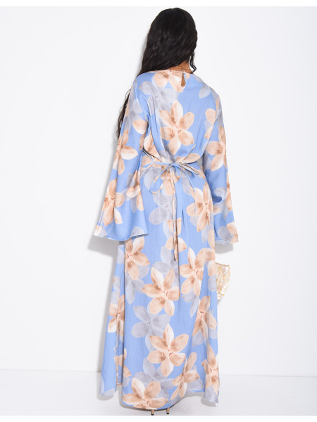 Long linen-effect dress with a floral print and a tie-back detail