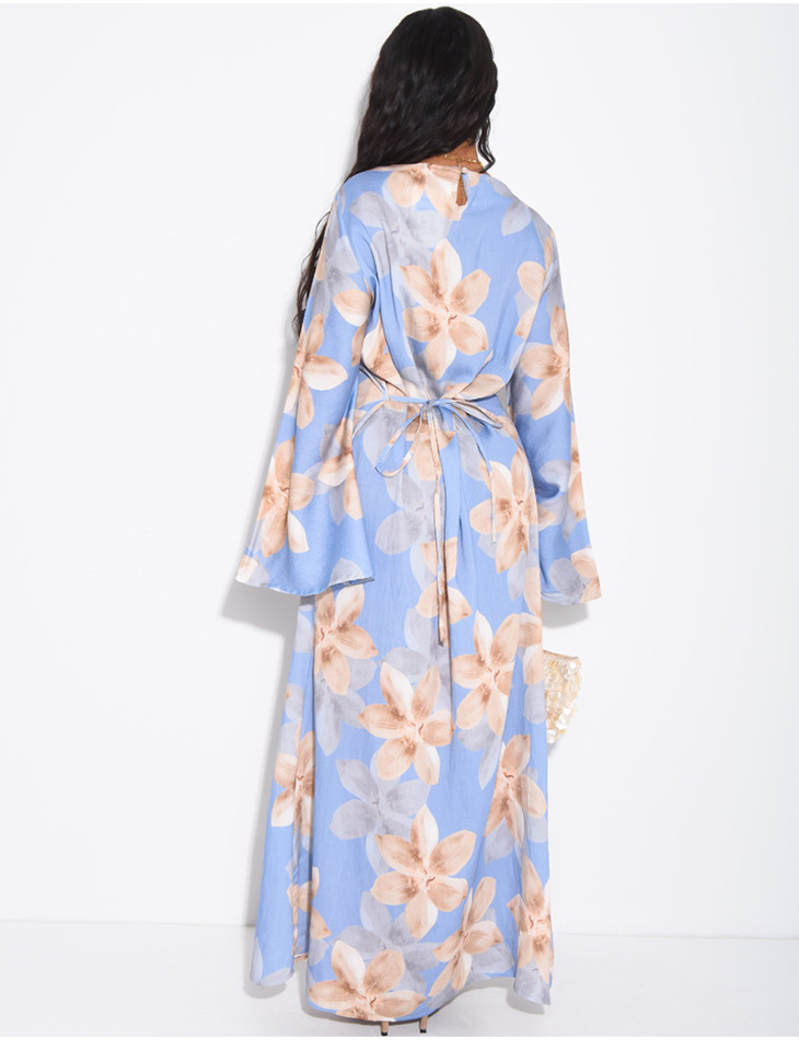 Long linen-effect dress with a floral print and a tie-back detail