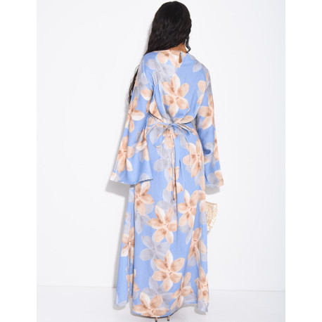 Long linen-effect dress with a floral print and a tie-back detail