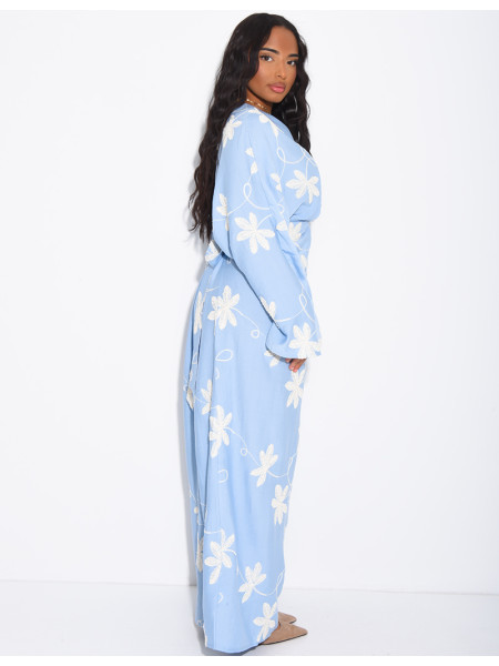 Robe en lin froncée à fleurs brodées