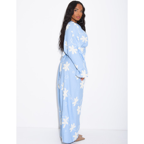 Robe en lin froncée à fleurs brodées