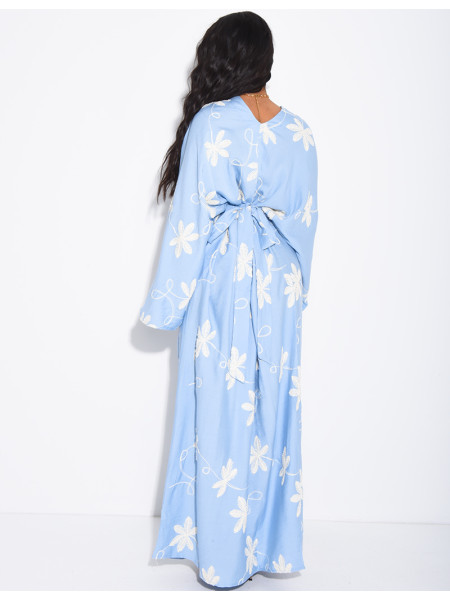 Robe en lin froncée à fleurs brodées