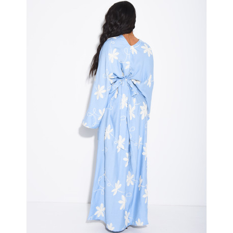Robe en lin froncée à fleurs brodées