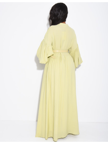 Long pleated cotton dress with matching belt