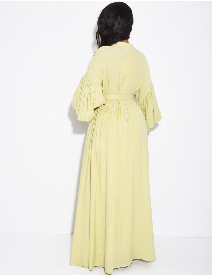 Long pleated cotton dress with matching belt