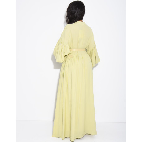 Long pleated cotton dress with matching belt