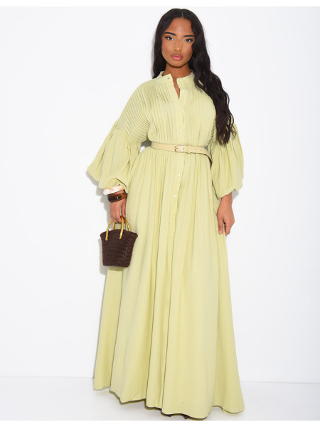 Long pleated cotton dress with matching belt