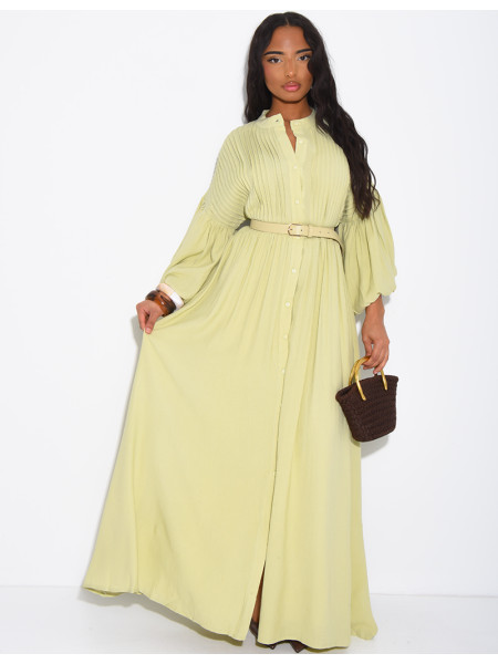 Long pleated cotton dress with matching belt