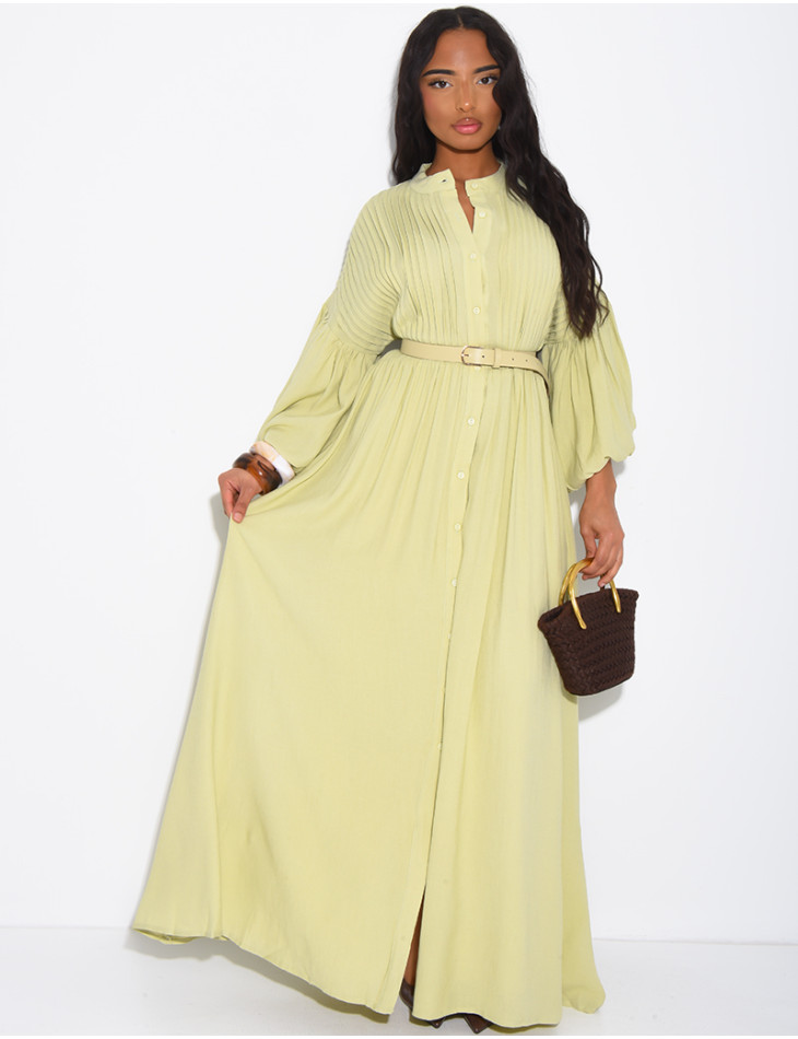 Long pleated cotton dress with matching belt