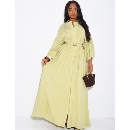 Long pleated cotton dress with matching belt