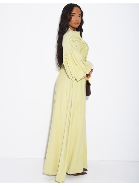 Long pleated cotton dress with matching belt