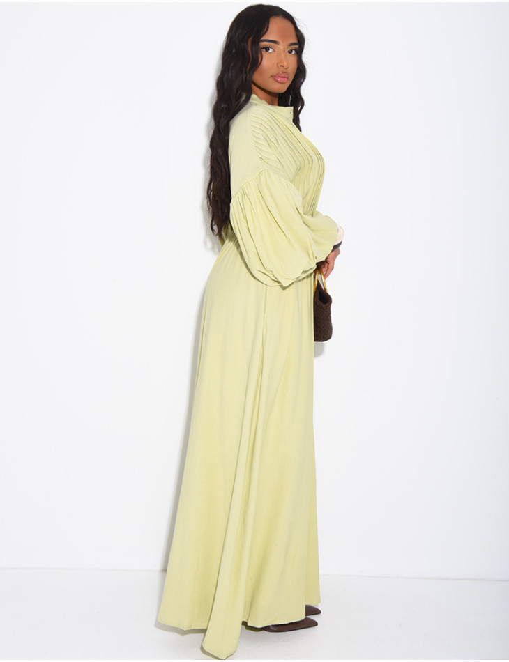 Long pleated cotton dress with matching belt