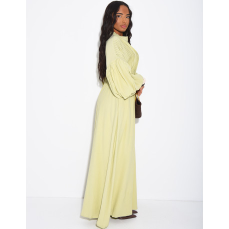 Long pleated cotton dress with matching belt