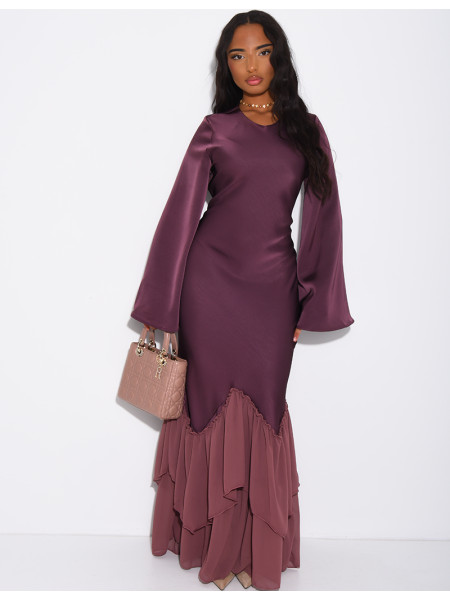 Long dress in premium satin with voile ruffles