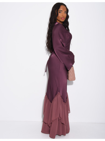 Long dress in premium satin with voile ruffles