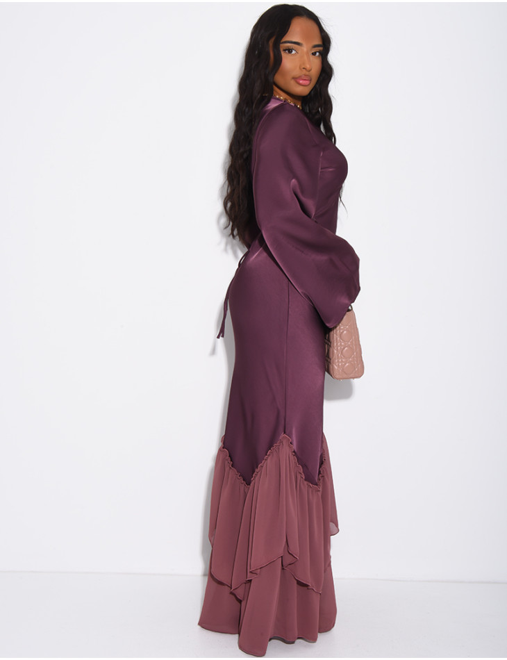 Long dress in premium satin with voile ruffles
