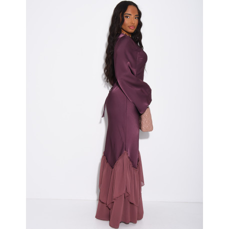 Long dress in premium satin with voile ruffles