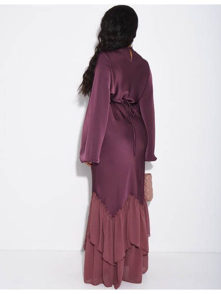 Long dress in premium satin with voile ruffles