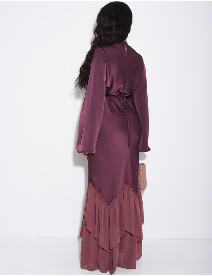Long dress in premium satin with voile ruffles