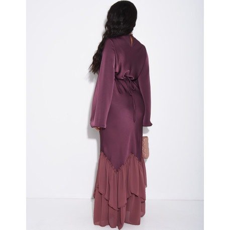 Long dress in premium satin with voile ruffles