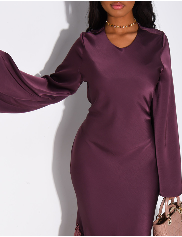 Long dress in premium satin with voile ruffles