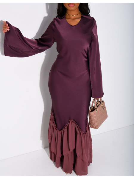 Long dress in premium satin with voile ruffles