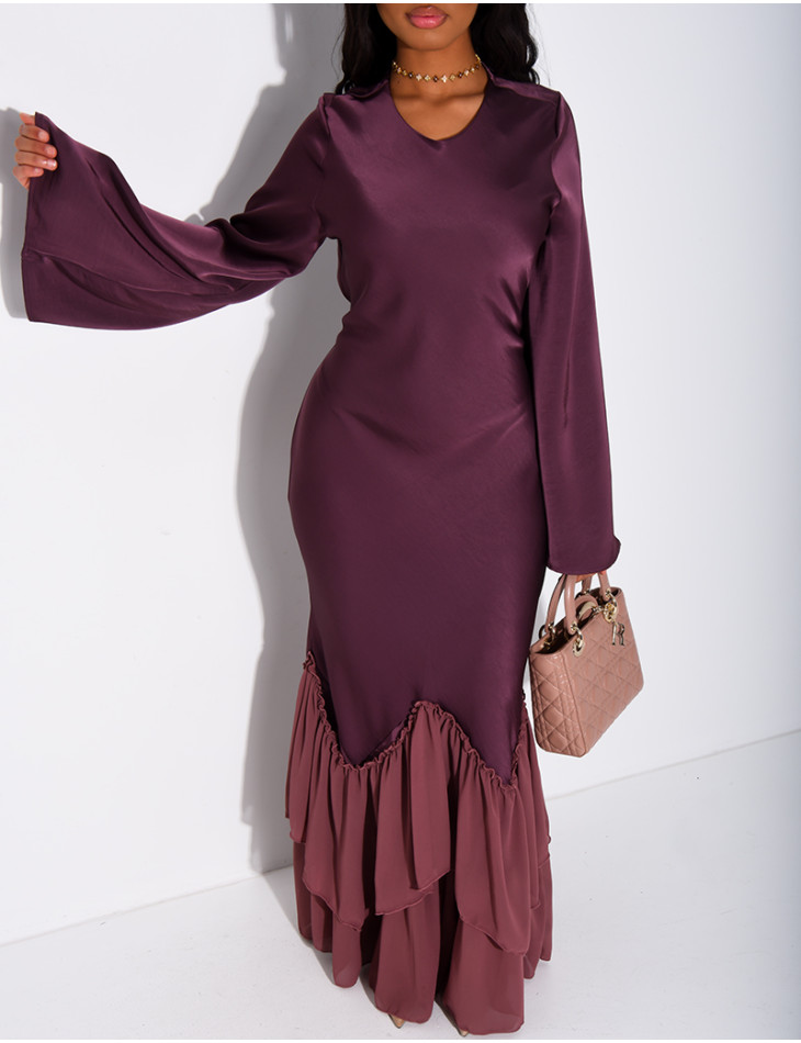 Long dress in premium satin with voile ruffles