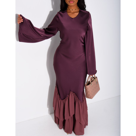 Long dress in premium satin with voile ruffles