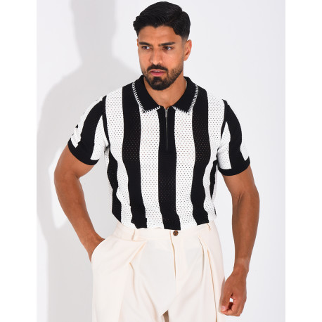 Polo ajouré et rayé à zip