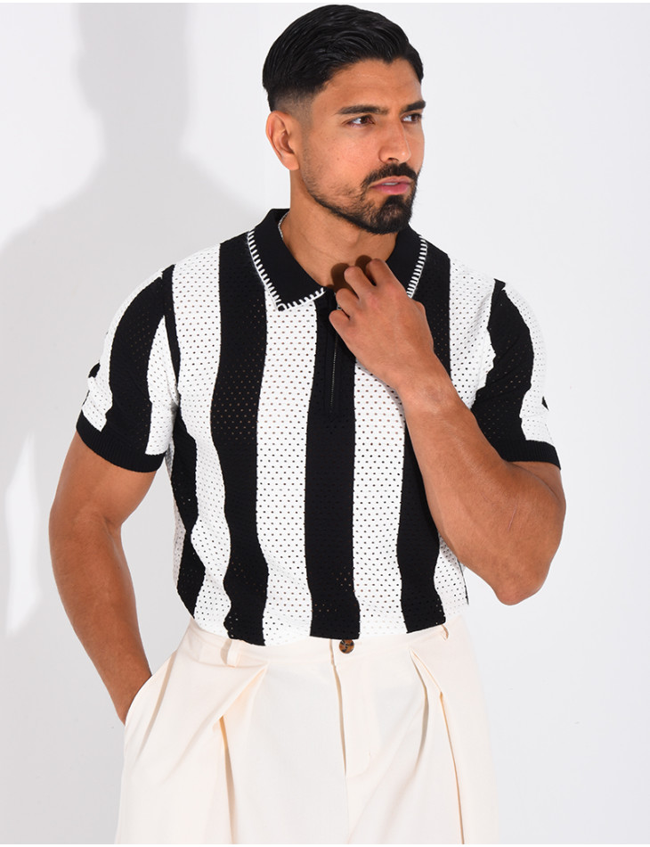 Polo ajouré et rayé à zip