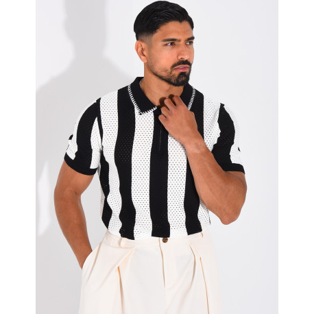 Polo ajouré et rayé à zip