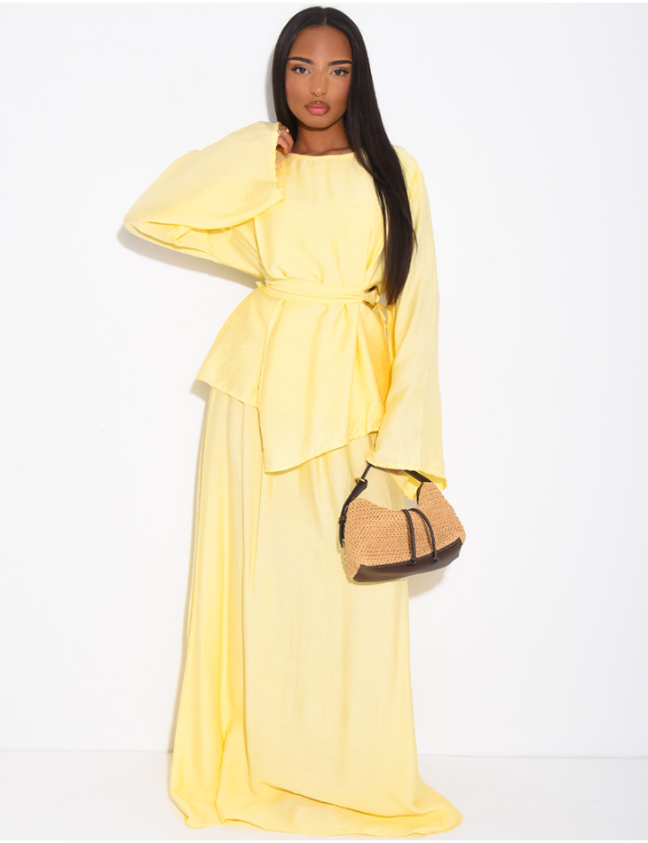 Ensemble effet lin jupe et top avec ceinture assortie