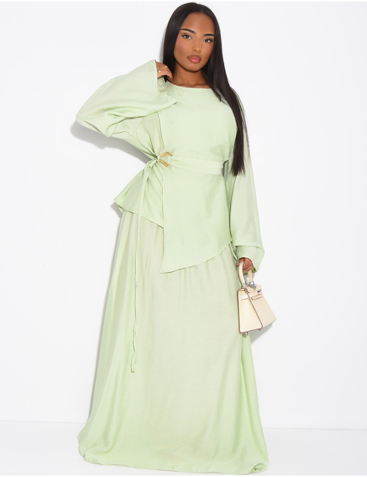 Ensemble effet lin jupe et top avec ceinture assortie