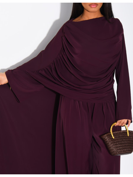 Satin set with gathered top and pants, featuring a cape