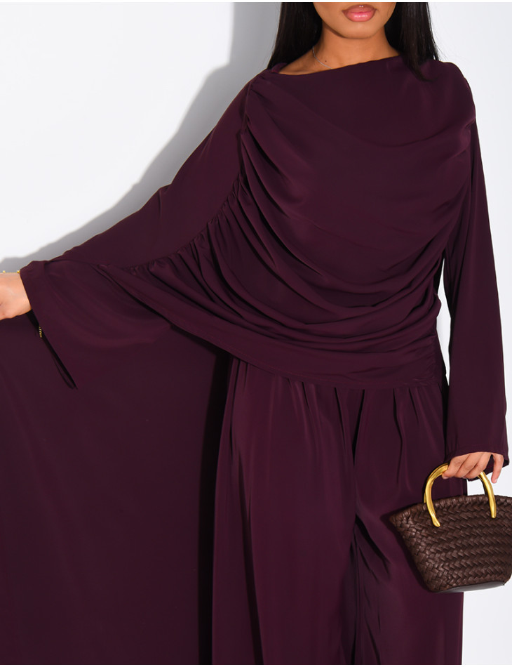 Satin set with gathered top and pants, featuring a cape