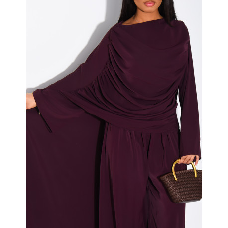 Satin set with gathered top and pants, featuring a cape
