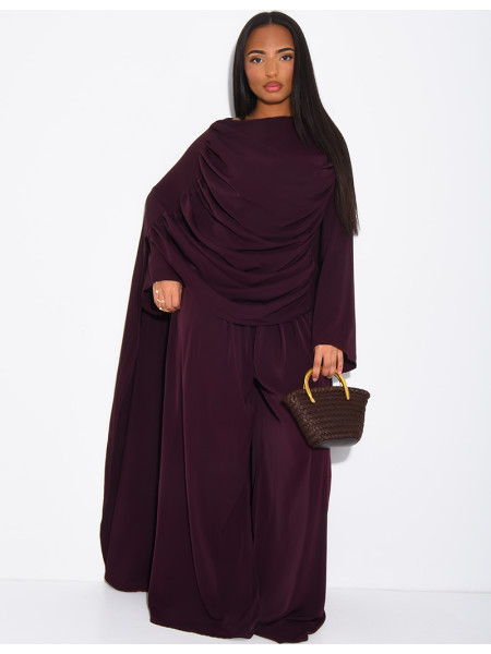 Satin set with gathered top and pants, featuring a cape