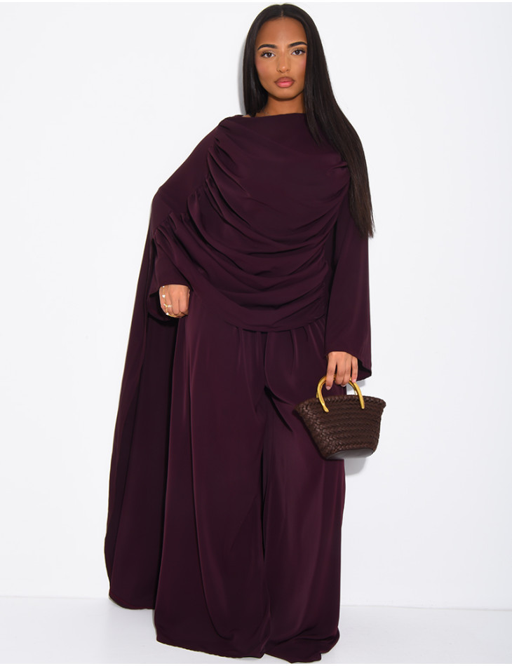 Satin set with gathered top and pants, featuring a cape