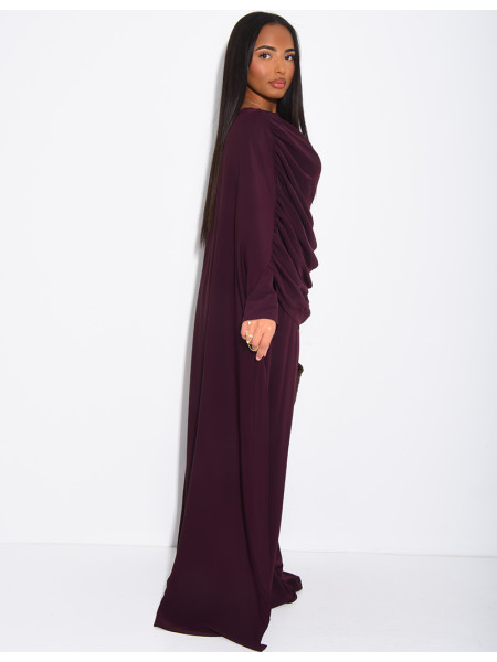 Satin set with gathered top and pants, featuring a cape