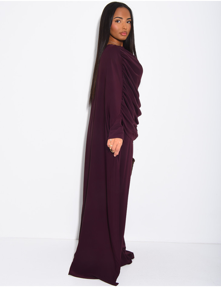 Satin set with gathered top and pants, featuring a cape