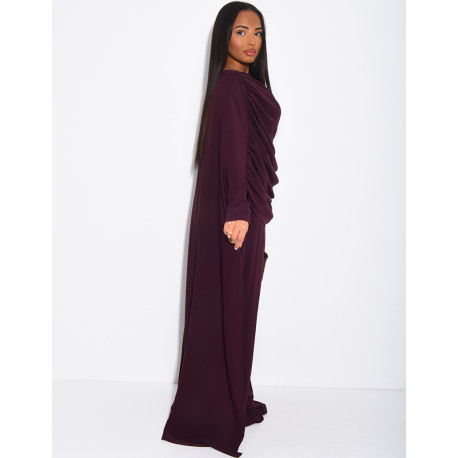 Satin set with gathered top and pants, featuring a cape