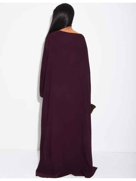 Satin set with gathered top and pants, featuring a cape