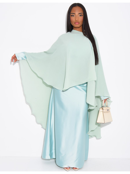 Long-sleeved satin dress and pleated cape with brooch set